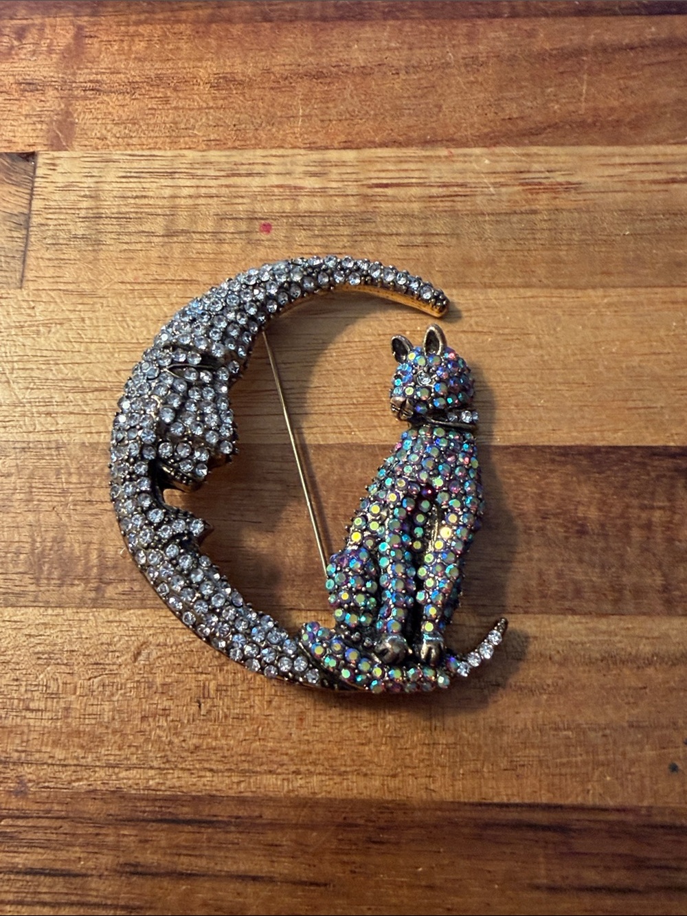 Large Cat & Moon Completely Bedazzled Brooch